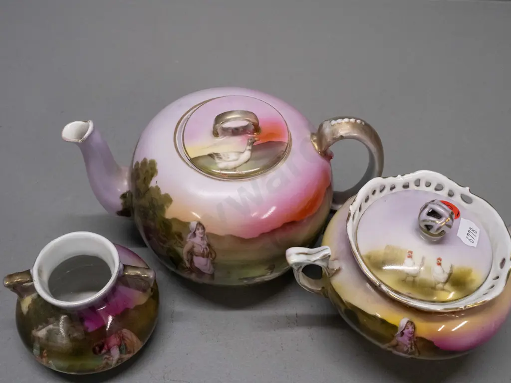 3 pieces of Bayreuth pottery - teapot, lidded sugar bowl and small handled vase marked Bayreuth, teapot has chip on Image 1++