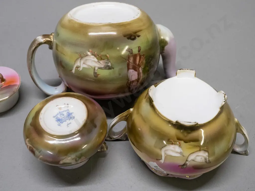 3 pieces of Bayreuth pottery - teapot, lidded sugar bowl and small handled vase marked Bayreuth, teapot has chip on Image 1++