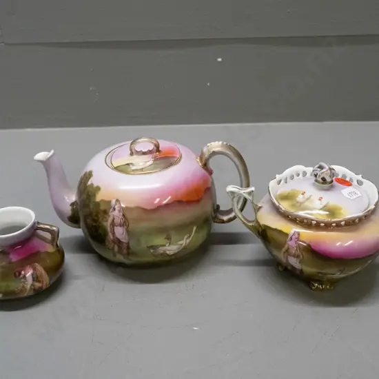 3 pieces of Bayreuth pottery - teapot, lidded sugar bowl and small handled vase marked Bayreuth, teapot has chip on