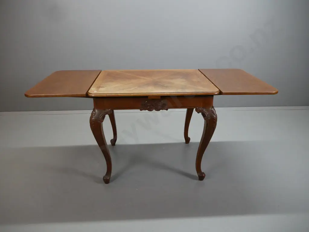 early 20th century vintage French oak draw-leaf dining table on large carved cabriolet legs w/ herringbone panelled top Image 1++