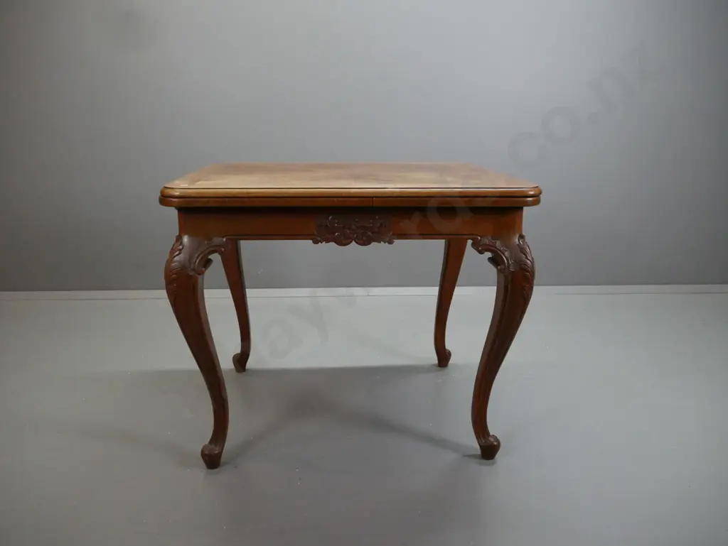 early 20th century vintage French oak draw-leaf dining table on large carved cabriolet legs w/ herringbone panelled top Image 1++