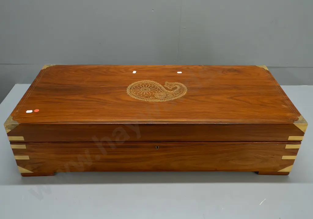large brass bound rosewood chest with brass bound corners, brass wire inlay motif on top, on block feet, working lock w/ Image 1++