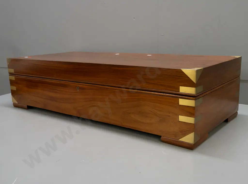 large brass bound rosewood chest with brass bound corners, brass wire inlay motif on top, on block feet, working lock w/ Image 1++