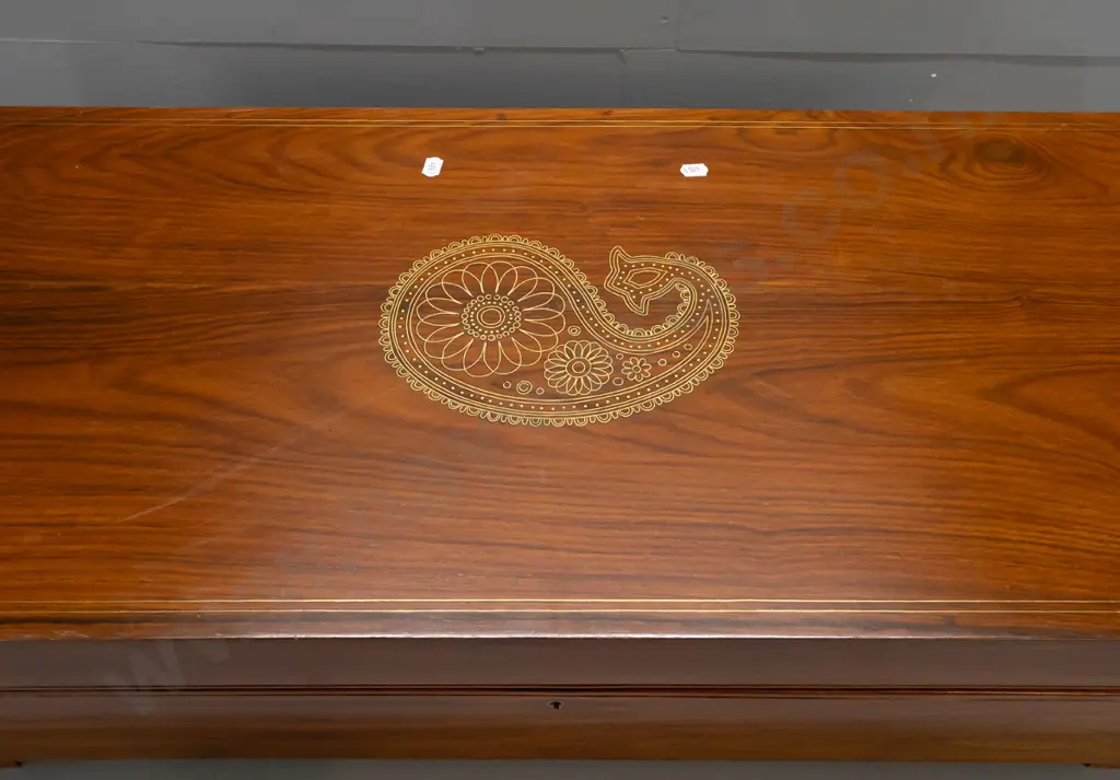 large brass bound rosewood chest with brass bound corners, brass wire inlay motif on top, on block feet, working lock w/ Image 1++