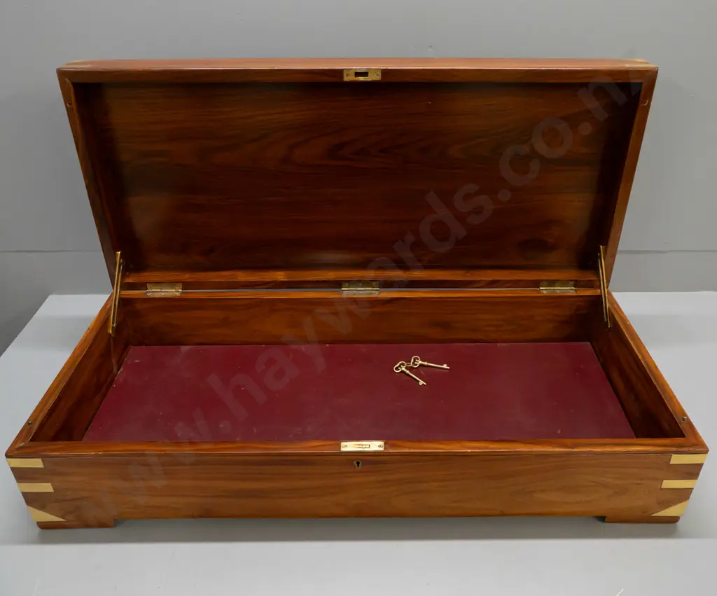 large brass bound rosewood chest with brass bound corners, brass wire inlay motif on top, on block feet, working lock w/ Image 1++