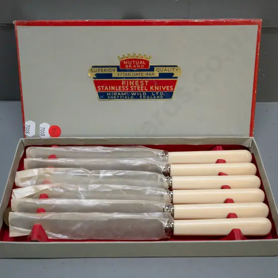 as new boxed set of Mutual Brand faux-bone-handled knives w/ original packaging.