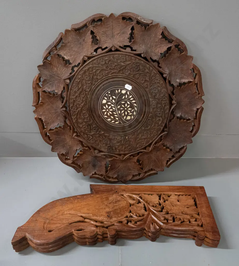 Indonesian carved hardwood collapsible table with hinged 3-piece base and lift-off top with bone inlay - some staining Image 1++