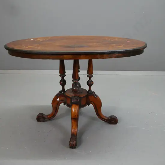 Victorian small oval table on 4-point cathedral base, walnut veneer and boxwood inlay top - some inlay loss, burn mark