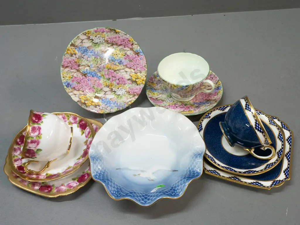 3x trios: Shelley, Royal Albert & Aynsley; Royal Copenhagen ruffle-edge bowl w/ seagull pattern. Bowl D-175 Image 1++