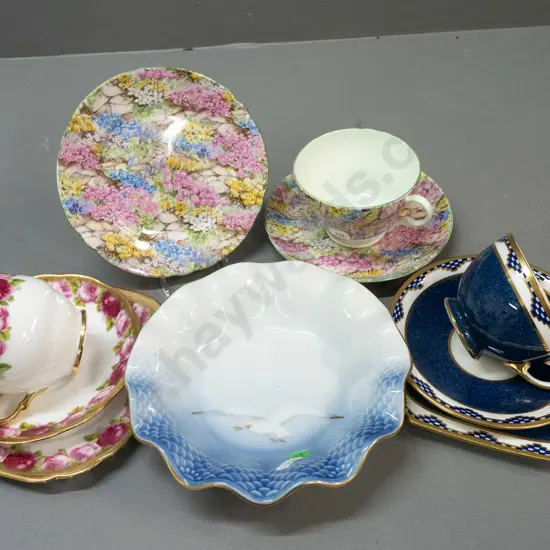 3x trios: Shelley, Royal Albert & Aynsley; Royal Copenhagen ruffle-edge bowl w/ seagull pattern. Bowl D-175