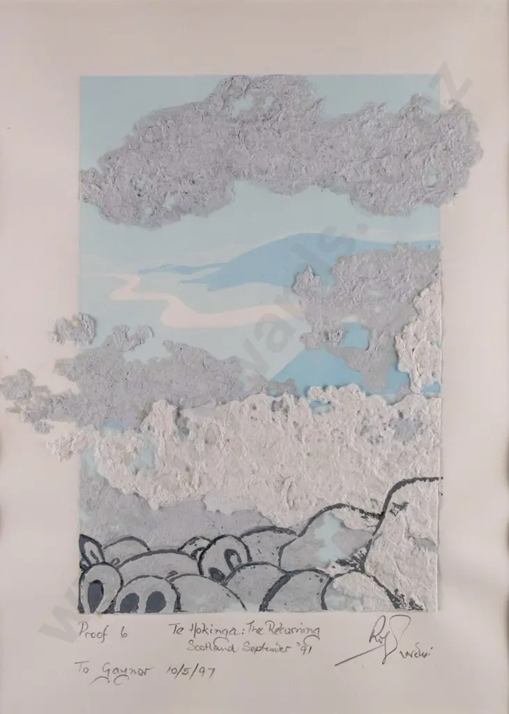Illegible signature 1991, framed screenprint & handmade paper assemblage "Te Hokianga: The Returning" ed. proof 6, H-390 Image 1++
