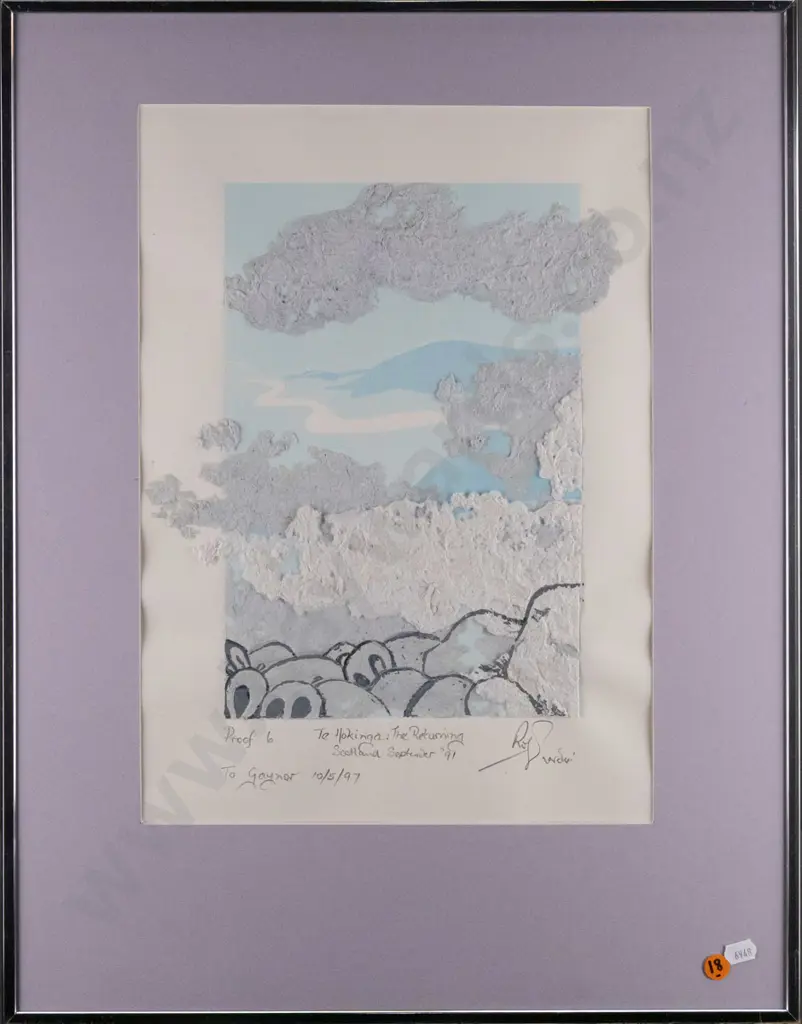 Illegible signature 1991, framed screenprint & handmade paper assemblage "Te Hokianga: The Returning" ed. proof 6, H-390 Image 1++