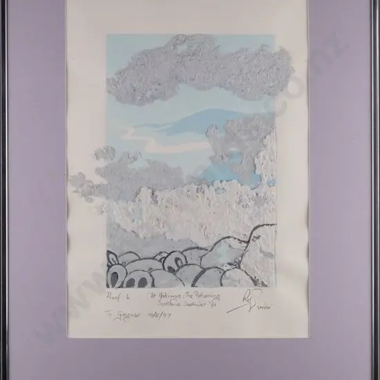 Illegible signature 1991, framed screenprint & handmade paper assemblage "Te Hokianga: The Returning" ed. proof 6, H-390