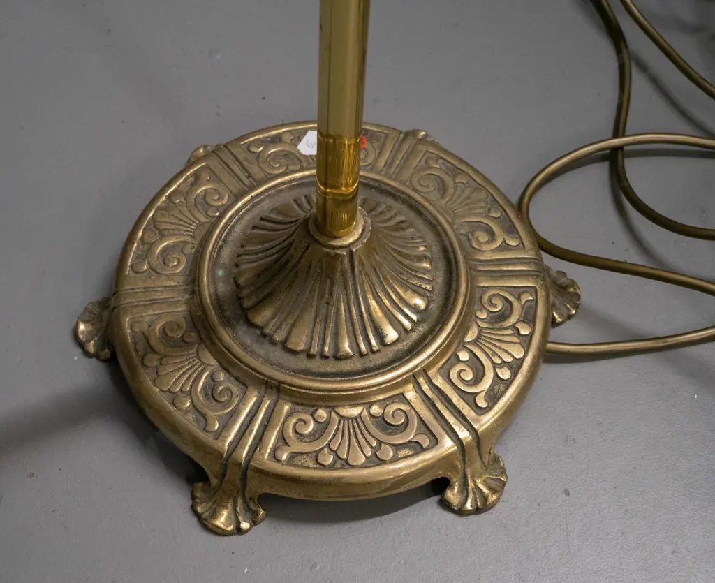 brass standard lamp on circular cast brass base with 6 scrolling feet, brass upright and journal, ivory globe shade - Image 1++