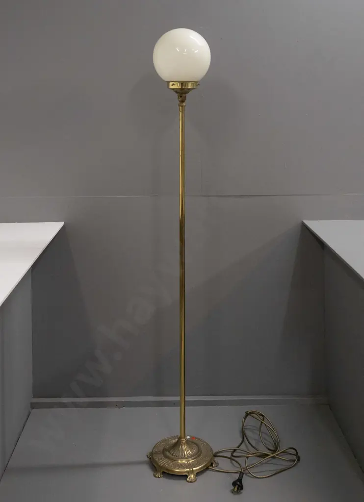 brass standard lamp on circular cast brass base with 6 scrolling feet, brass upright and journal, ivory globe shade - Image 1++
