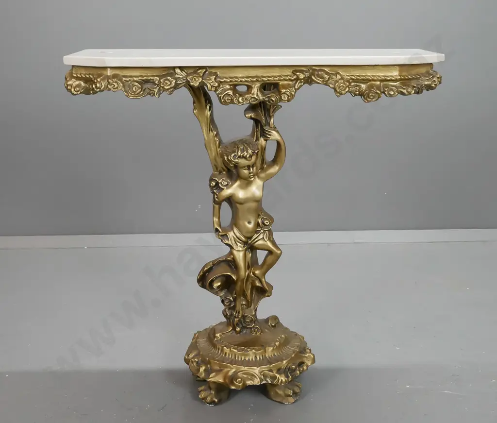 ornate rococo style console table with faux marble top on gilt finish composite base - minor chip to one foot, minor Image 1++