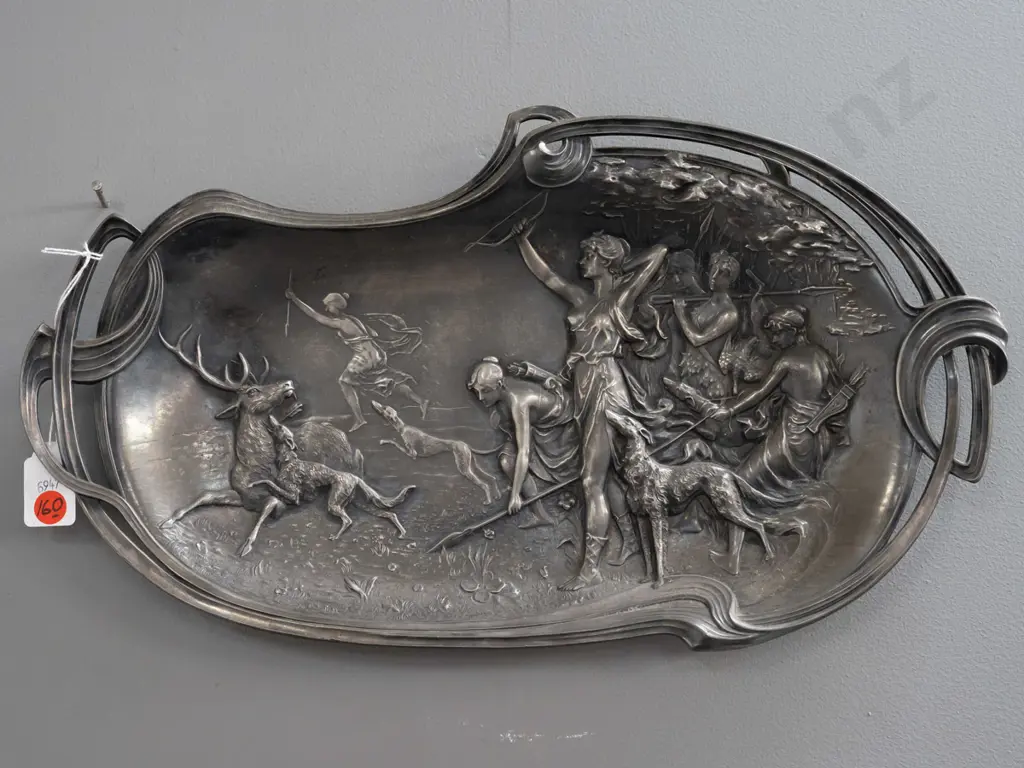 German nouveau style pewter or white metal plaque with Diana hunting scene, WMF (Würtemburgische Machin Fabrik) Image 1++