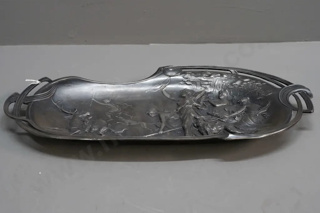 German nouveau style pewter or white metal plaque with Diana hunting scene, WMF (Würtemburgische Machin Fabrik) Image 1++