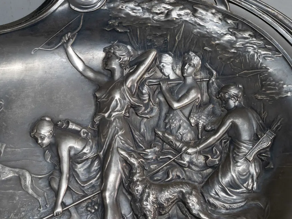 German nouveau style pewter or white metal plaque with Diana hunting scene, WMF (Würtemburgische Machin Fabrik) Image 1++