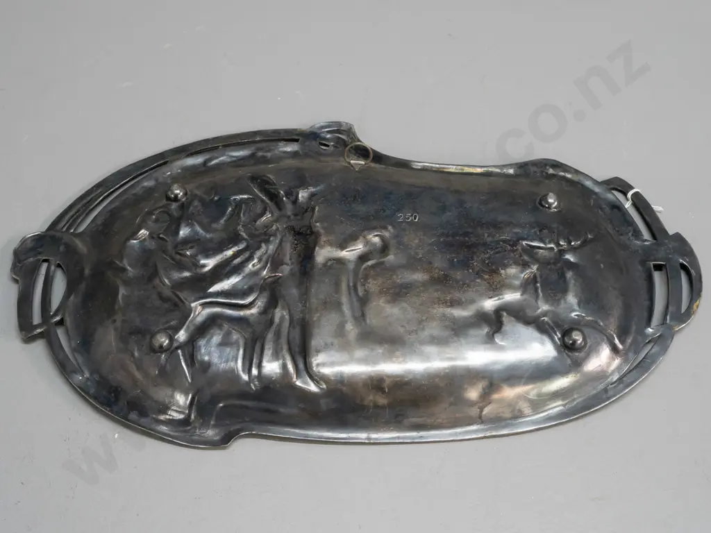 German nouveau style pewter or white metal plaque with Diana hunting scene, WMF (Würtemburgische Machin Fabrik) Image 1++