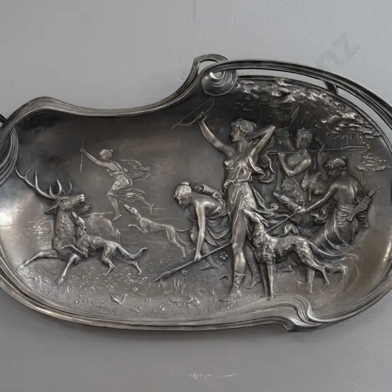 German nouveau style pewter or white metal plaque with Diana hunting scene, WMF (Würtemburgische Machin Fabrik)