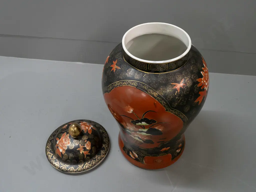 large Chinese red, black and gilt floral motif lidded temple jar H-440 D-220 at widest Image 1++
