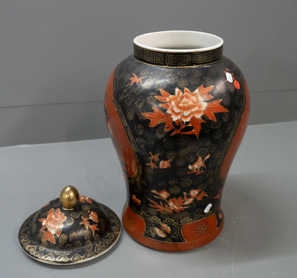 large Chinese red, black and gilt floral motif lidded temple jar H-440 D-220 at widest Image 1++