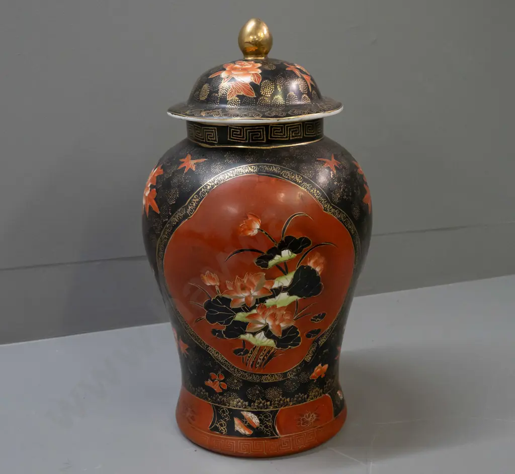 large Chinese red, black and gilt floral motif lidded temple jar H-440 D-220 at widest Image 1++