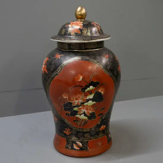 large Chinese red, black and gilt floral motif lidded temple jar H-440 D-220 at widest
