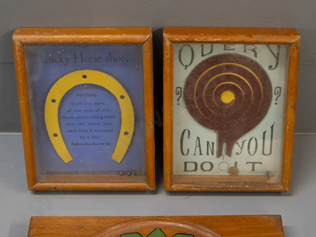 3 vintage games and puzzles - two are ball puzzles in timber and glass cases, one with info on back, and a folding Image 1++