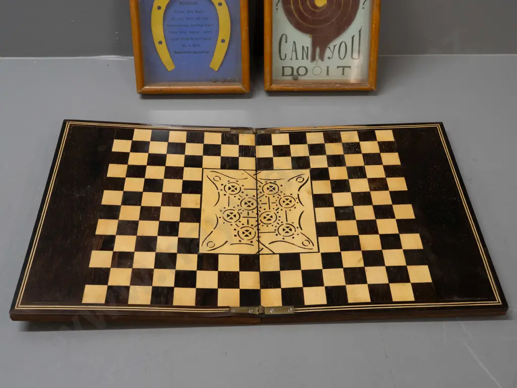 3 vintage games and puzzles - two are ball puzzles in timber and glass cases, one with info on back, and a folding Image 1++