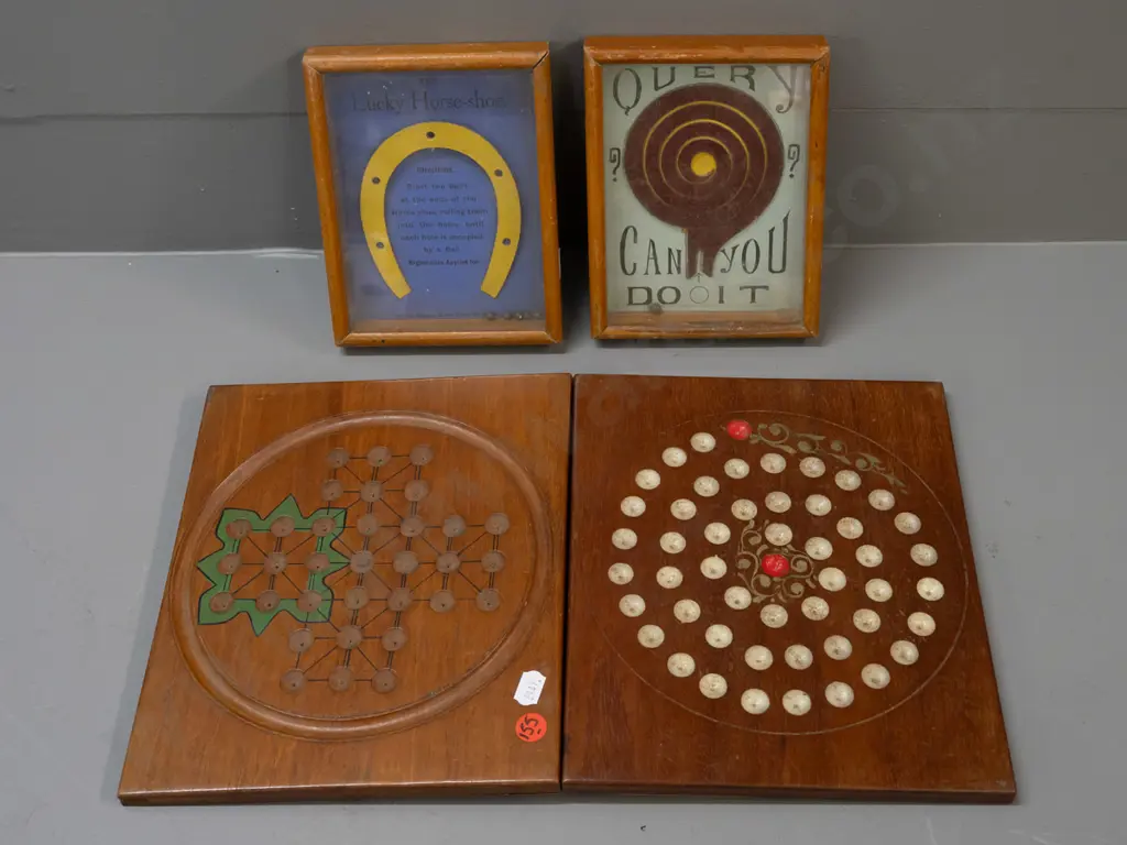 3 vintage games and puzzles - two are ball puzzles in timber and glass cases, one with info on back, and a folding Image 1++