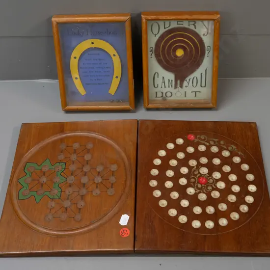 3 vintage games and puzzles - two are ball puzzles in timber and glass cases, one with info on back, and a folding