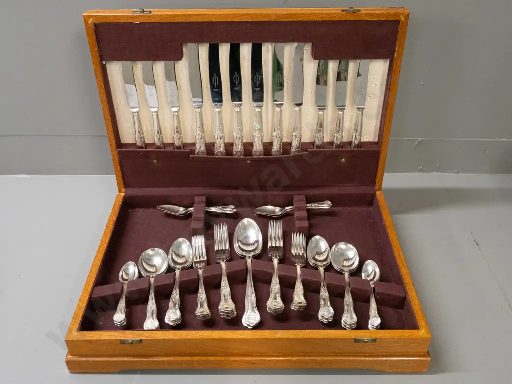 plated cutlery set in fitted oak canteen - knives marked Harrison Fisher & Co / Trafalgar Sheffield - discolouration to Image 1++