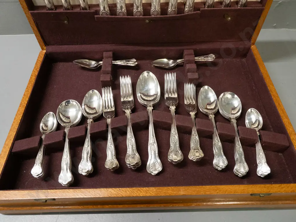 plated cutlery set in fitted oak canteen - knives marked Harrison Fisher & Co / Trafalgar Sheffield - discolouration to Image 1++