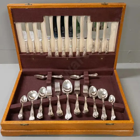 plated cutlery set in fitted oak canteen - knives marked Harrison Fisher & Co / Trafalgar Sheffield - discolouration to