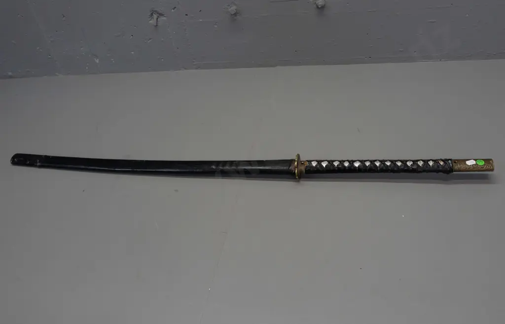 vintage Japanese sword in shark or ray skin covered scabbard, with small knife inset in handle, engraved brass handle Image 1++