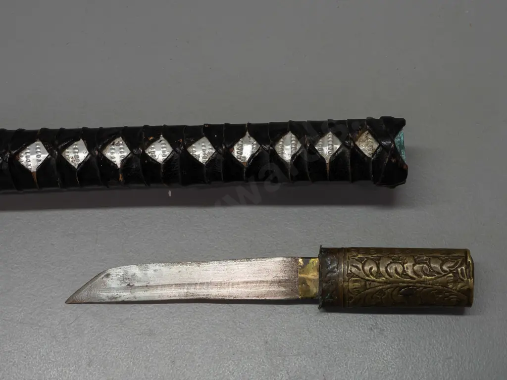 vintage Japanese sword in shark or ray skin covered scabbard, with small knife inset in handle, engraved brass handle Image 1++