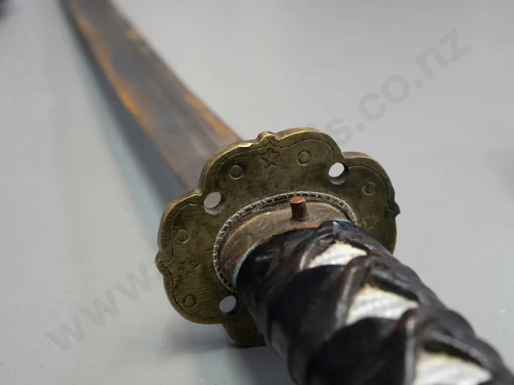vintage Japanese sword in shark or ray skin covered scabbard, with small knife inset in handle, engraved brass handle Image 1++