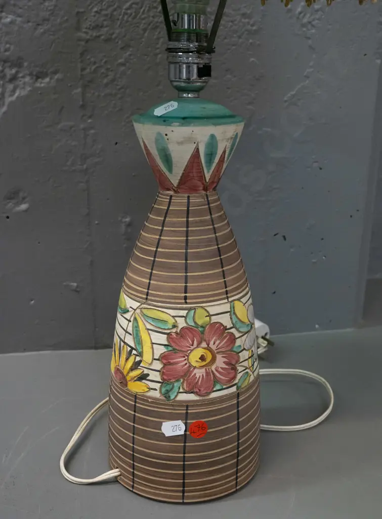 retro Italian terracotta table lamp with bands of hand painted floral decoration, pleated & fringed shade - shade fringe Image 1++