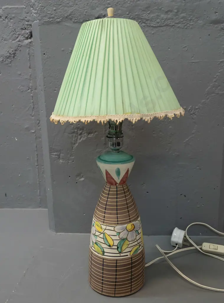 retro Italian terracotta table lamp with bands of hand painted floral decoration, pleated & fringed shade - shade fringe Image 1++