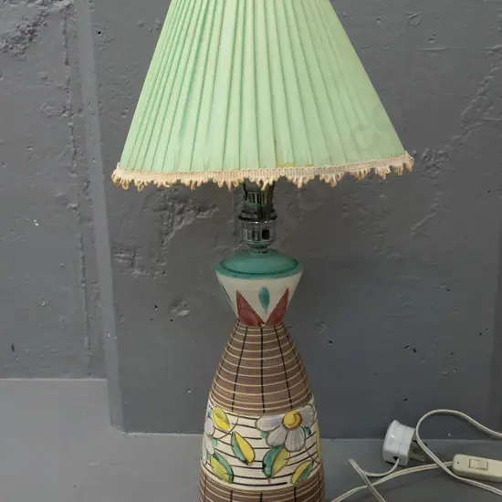 retro Italian terracotta table lamp with bands of hand painted floral decoration, pleated & fringed shade - shade fringe