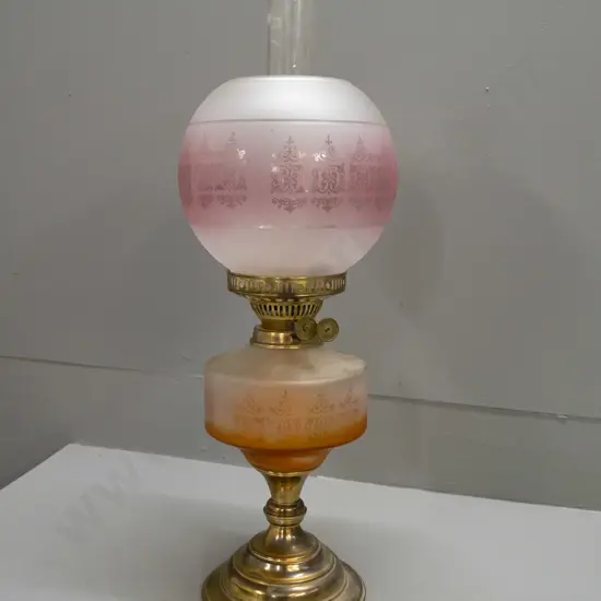 vintage kerosene lamp with etched glass tank and shade - knob marked Duplex - Made in England - wick adjusters stiff,