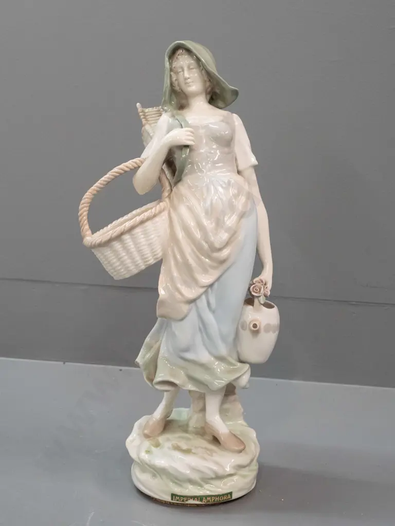 Imperial Amphora figure of a woman with jug and baskets - paper label on front, base covered with cork - some glaze Image 1++