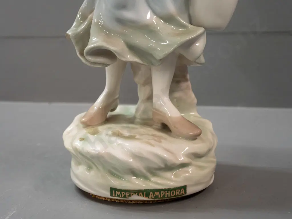 Imperial Amphora figure of a woman with jug and baskets - paper label on front, base covered with cork - some glaze Image 1++