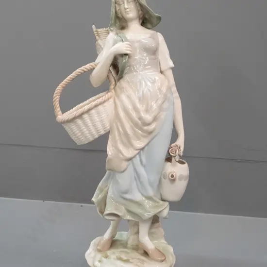 Imperial Amphora figure of a woman with jug and baskets - paper label on front, base covered with cork - some glaze
