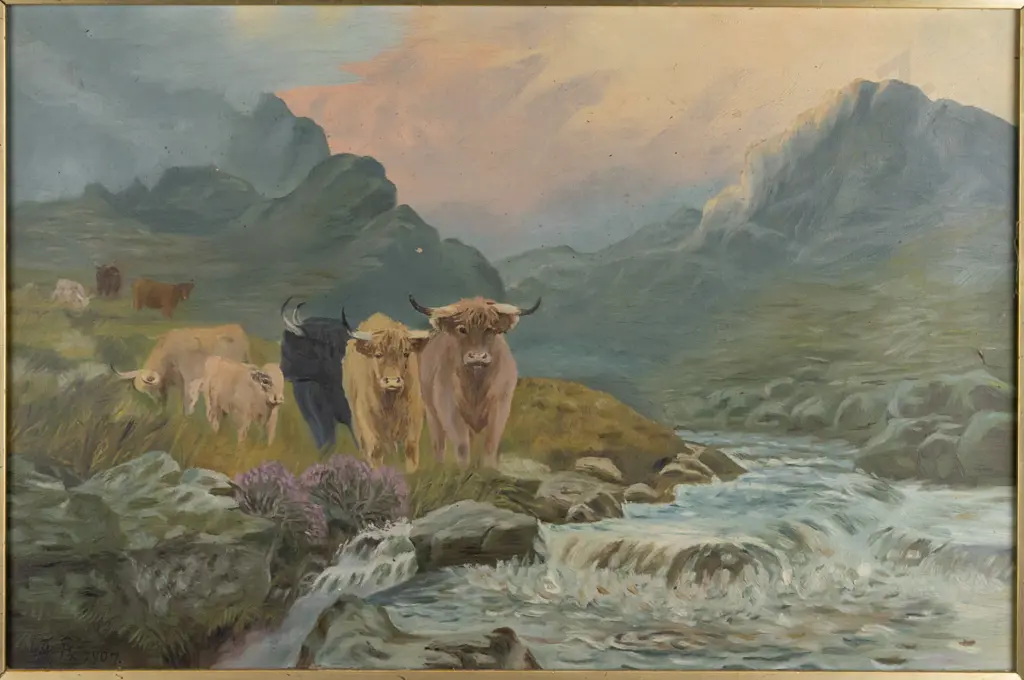 A.B. 1907 - oak framed oil on canvas - cattle by stream H340 W510 (slight damage to frame) Image 1++