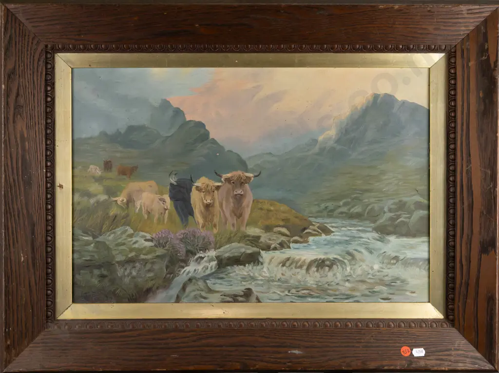 A.B. 1907 - oak framed oil on canvas - cattle by stream H340 W510 (slight damage to frame) Image 1++