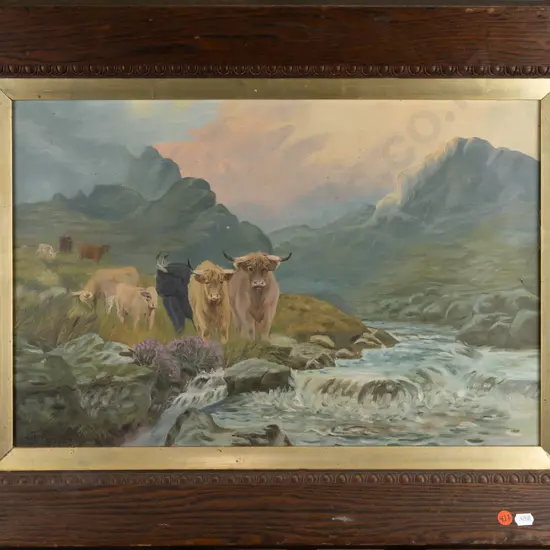 A.B. 1907 - oak framed oil on canvas - cattle by stream H340 W510 (slight damage to frame)