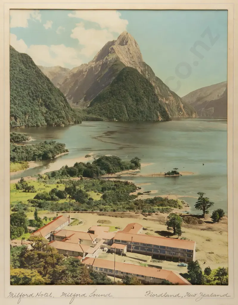 framed vintage hand coloured photograph "Milford Hotel, Milford Sound, Fiordland" H350 W280 Image 1++